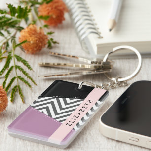 Grey Zigzag, Grey Chevron, Purple, Your Name Key Ring