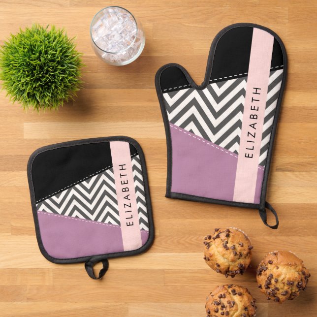Grey Zigzag, Grey Chevron, Purple, Your Name Oven Mitt & Pot Holder Set (Top Down)