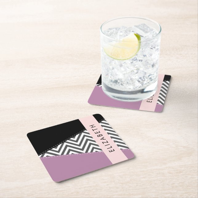 Grey Zigzag, Grey Chevron, Purple, Your Name Square Paper Coaster (Insitu)