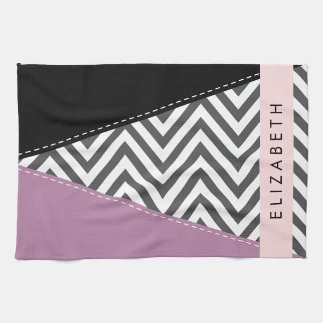 Grey Zigzag, Grey Chevron, Purple, Your Name Tea Towel (Horizontal)