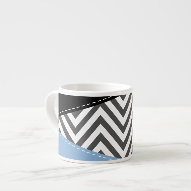 Grey Zigzag, Grey Chevron, Zigzag Pattern, Blue Espresso Cup (Front Left)