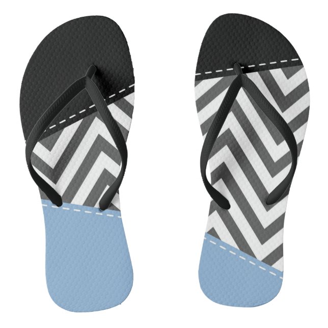 Grey Zigzag, Grey Chevron, Zigzag Pattern, Blue Flip Flops (Footbed)