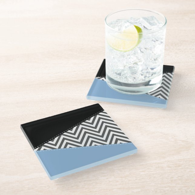Grey Zigzag, Grey Chevron, Zigzag Pattern, Blue Glass Coaster (Angled)