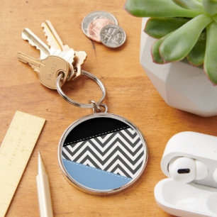 Grey Zigzag, Grey Chevron, Zigzag Pattern, Blue Key Ring