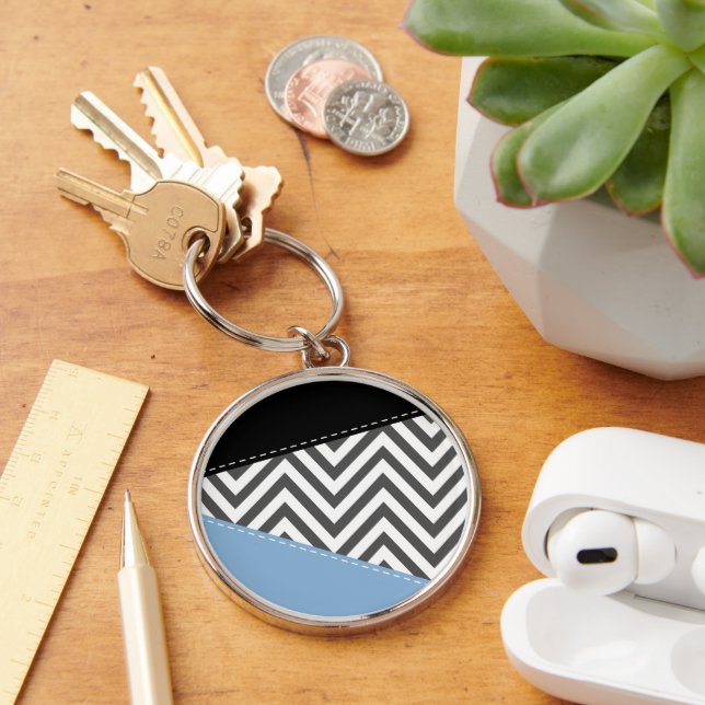 Grey Zigzag, Grey Chevron, Zigzag Pattern, Blue Key Ring (Desk)