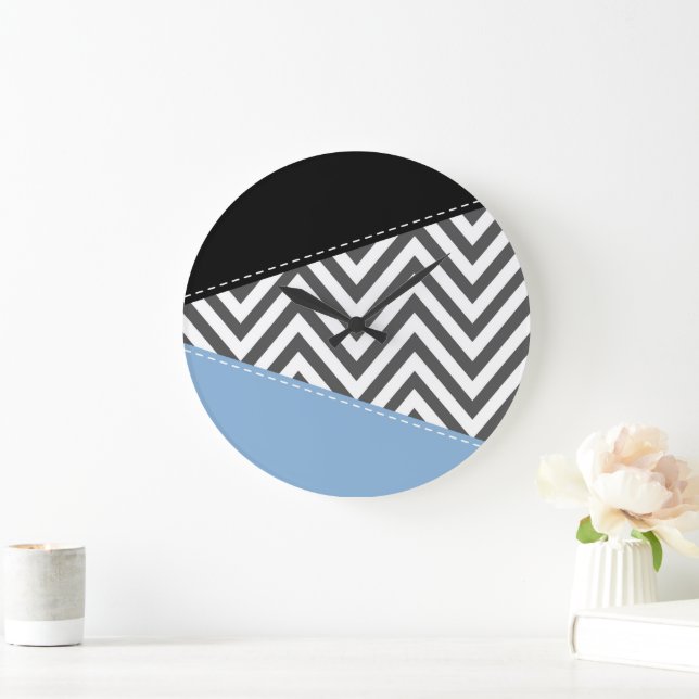 Grey Zigzag, Grey Chevron, Zigzag Pattern, Blue Large Clock (Home)