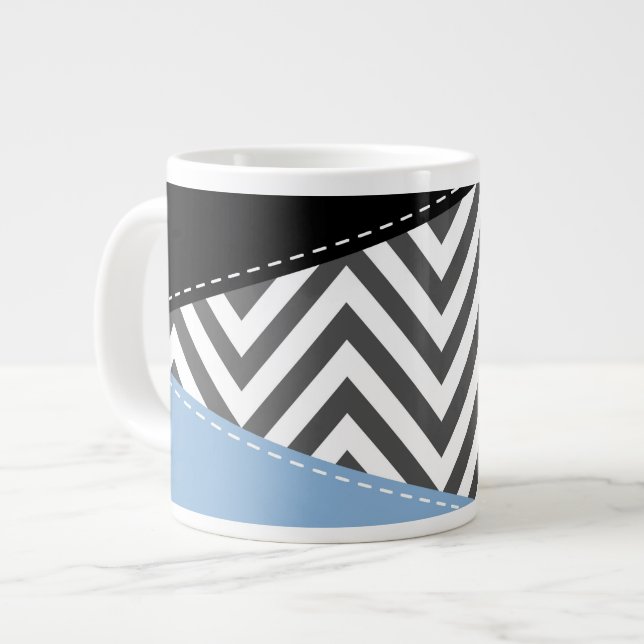 Grey Zigzag, Grey Chevron, Zigzag Pattern, Blue Large Coffee Mug (Front Left)