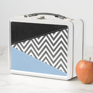 Grey Zigzag, Grey Chevron, Zigzag Pattern, Blue Metal Lunch Box