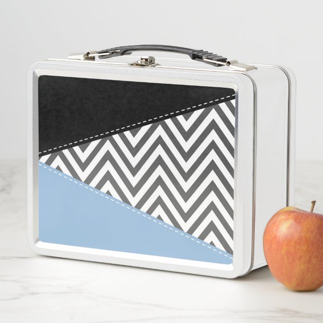 Grey Zigzag, Grey Chevron, Zigzag Pattern, Blue Metal Lunch Box (In Situ)