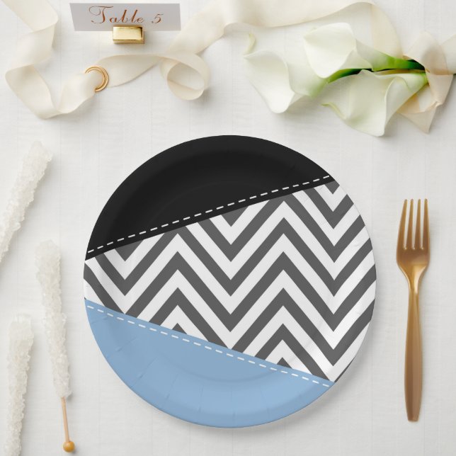 Grey Zigzag, Grey Chevron, Zigzag Pattern, Blue Paper Plate (Wedding)