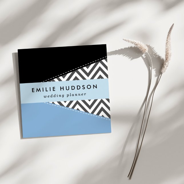 Grey Zigzag, Grey Chevron, Zigzag Pattern, Blue Square Business Card (Creator Uploaded)