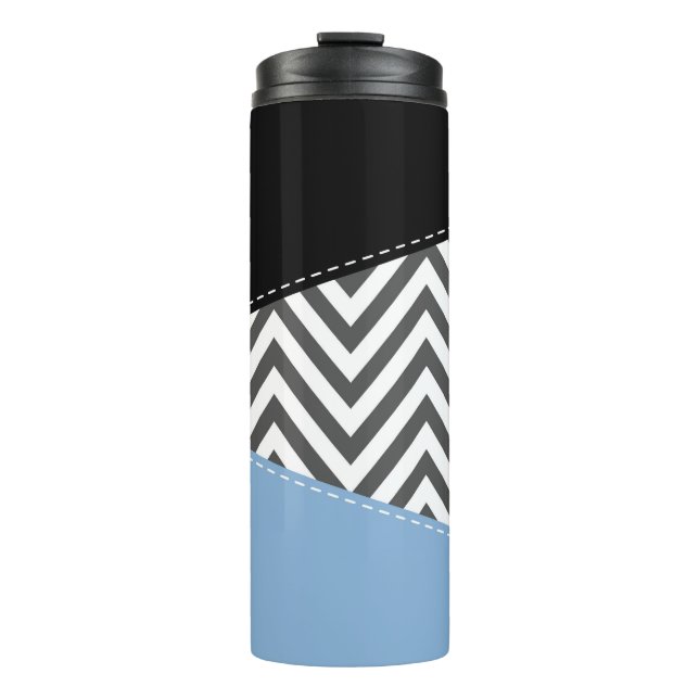 Grey Zigzag, Grey Chevron, Zigzag Pattern, Blue Thermal Tumbler (Front)