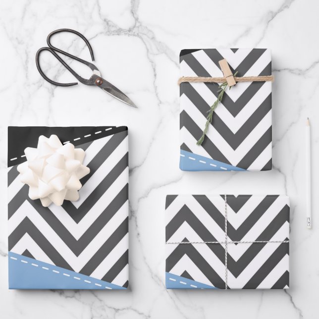 Grey Zigzag, Grey Chevron, Zigzag Pattern, Blue Wrapping Paper Sheet (Front)