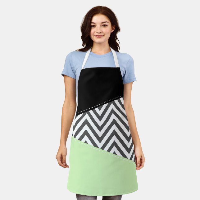 Grey Zigzag, Grey Chevron, Zigzag Pattern, Mint Apron (Worn)