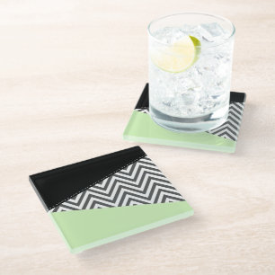 Grey Zigzag, Grey Chevron, Zigzag Pattern, Mint Glass Coaster
