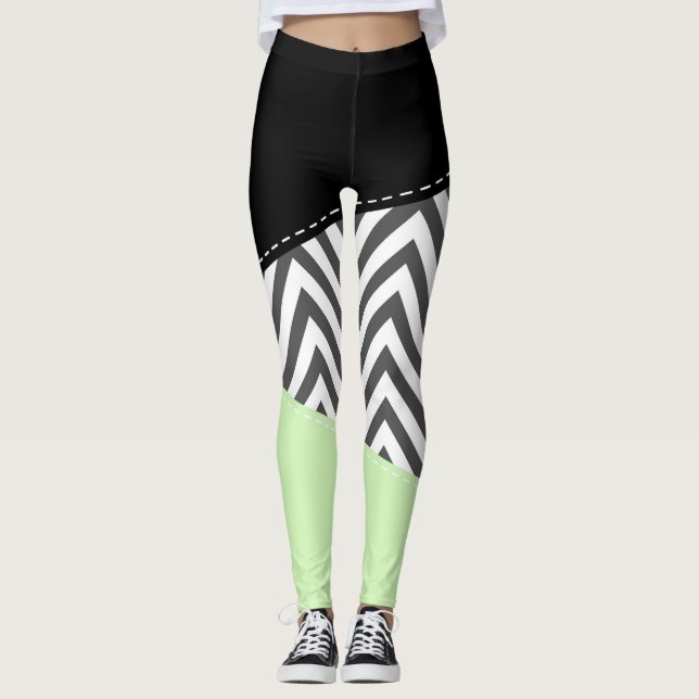 Grey Zigzag, Grey Chevron, Zigzag Pattern, Mint Leggings (Front)