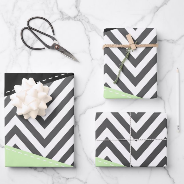 Grey Zigzag, Grey Chevron, Zigzag Pattern, Mint Wrapping Paper Sheet (Front)
