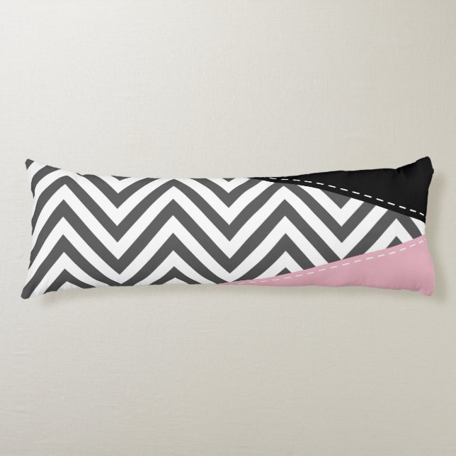 Grey Zigzag, Grey Chevron, Zigzag Pattern, Pink Body Cushion (Front)