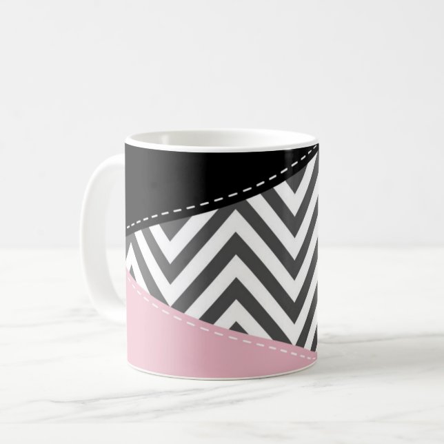 Grey Zigzag, Grey Chevron, Zigzag Pattern, Pink Coffee Mug (Front Left)