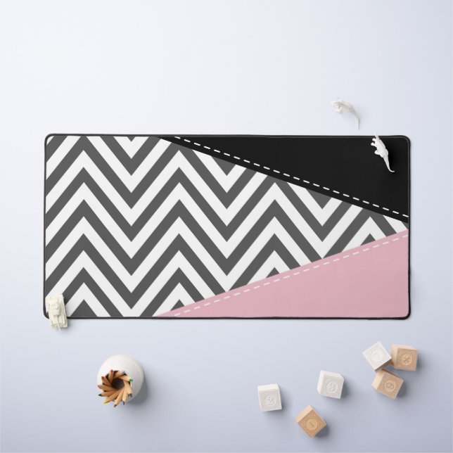 Grey Zigzag, Grey Chevron, Zigzag Pattern, Pink Desk Mat (Kids Table)