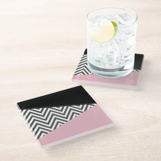 Grey Zigzag, Grey Chevron, Zigzag Pattern, Pink Glass Coaster (Angled)