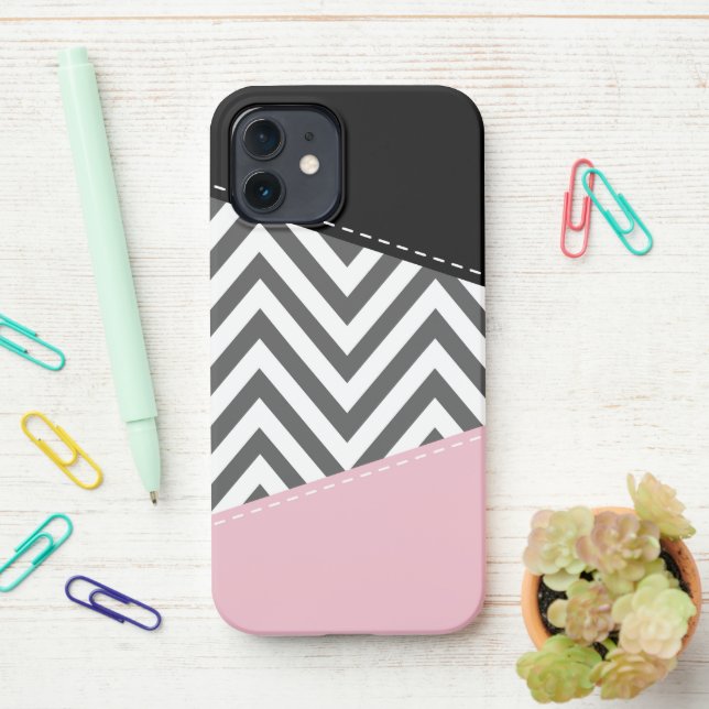 Grey Zigzag, Grey Chevron, Zigzag Pattern, Pink iPhone Case (On Desk)