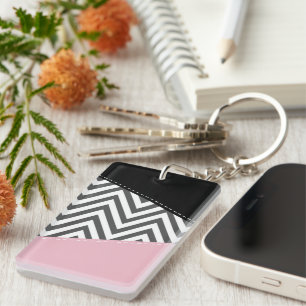 Grey Zigzag, Grey Chevron, Zigzag Pattern, Pink Key Ring