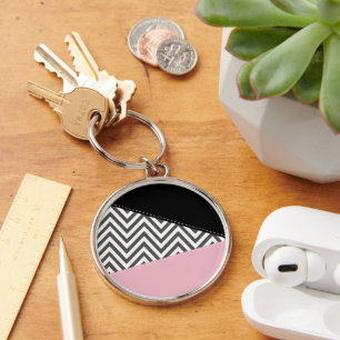 Grey Zigzag, Grey Chevron, Zigzag Pattern, Pink Key Ring