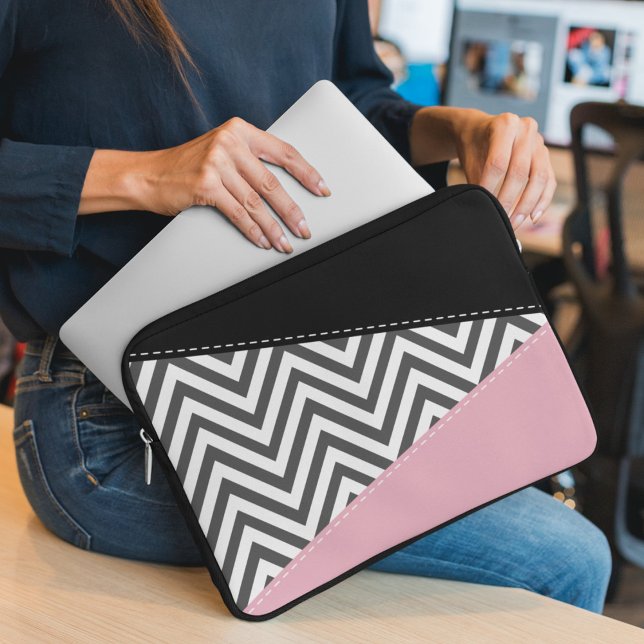 Grey Zigzag, Grey Chevron, Zigzag Pattern, Pink Laptop Sleeve (Creator Uploaded)