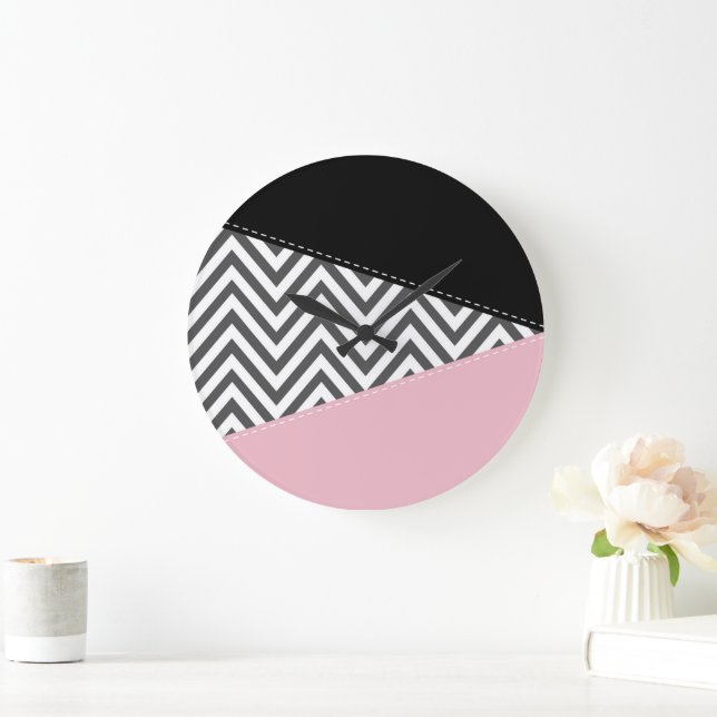 Grey Zigzag, Grey Chevron, Zigzag Pattern, Pink Large Clock (Home)