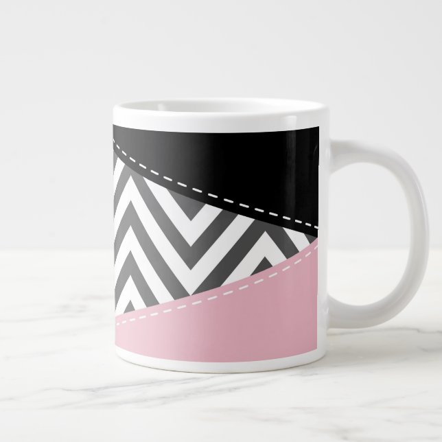 Grey Zigzag, Grey Chevron, Zigzag Pattern, Pink Large Coffee Mug (Right)