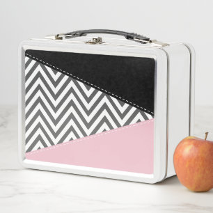 Grey Zigzag, Grey Chevron, Zigzag Pattern, Pink Metal Lunch Box