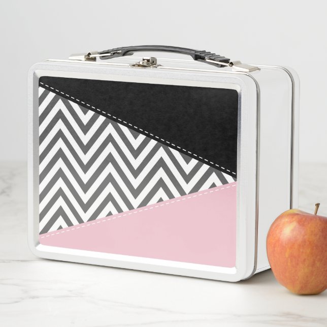 Grey Zigzag, Grey Chevron, Zigzag Pattern, Pink Metal Lunch Box (In Situ)