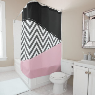 Grey Zigzag, Grey Chevron, Zigzag Pattern, Pink Shower Curtain