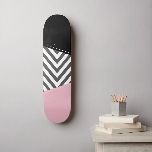 Grey Zigzag, Grey Chevron, Zigzag Pattern, Pink Skateboard (Wall Art)