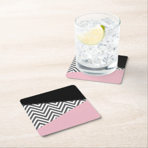 Grey Zigzag, Grey Chevron, Zigzag Pattern, Pink Square Paper Coaster