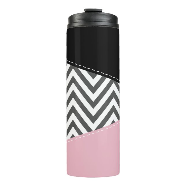 Grey Zigzag, Grey Chevron, Zigzag Pattern, Pink Thermal Tumbler (Front)