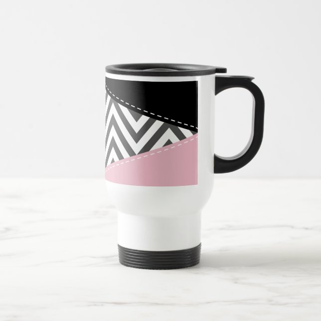 Grey Zigzag, Grey Chevron, Zigzag Pattern, Pink Travel Mug (Right)