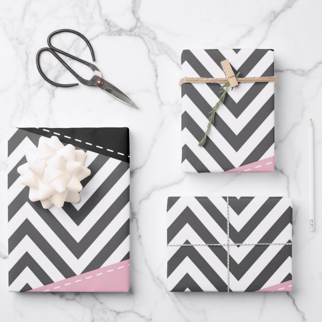 Grey Zigzag, Grey Chevron, Zigzag Pattern, Pink Wrapping Paper Sheet (Front)