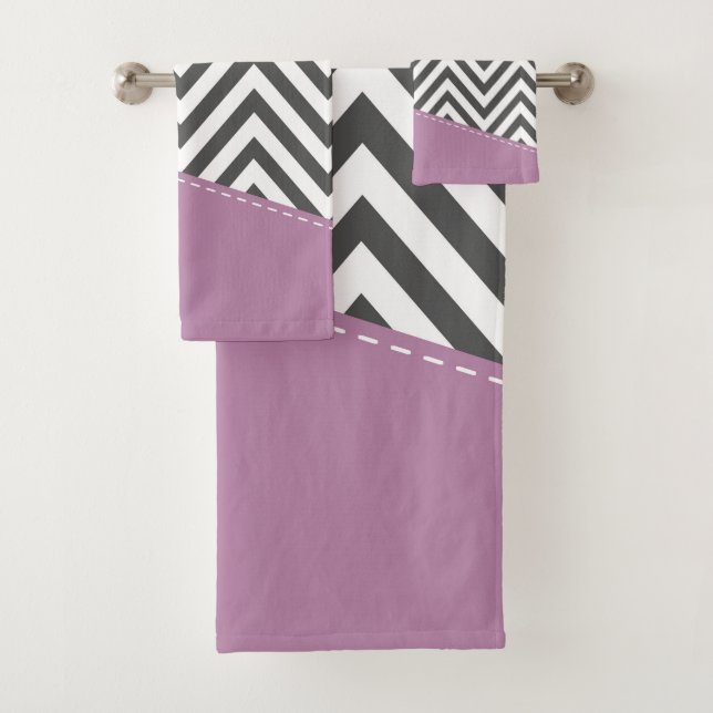 Grey Zigzag, Grey Chevron, Zigzag Pattern, Purple Bath Towel Set (Insitu)