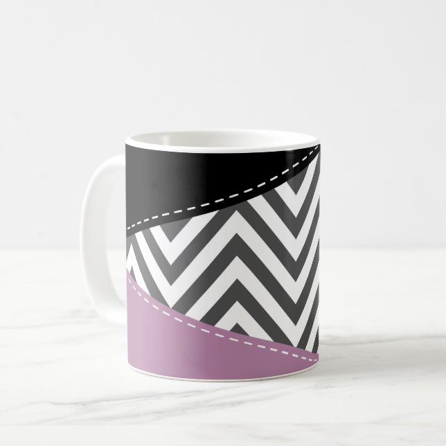 Grey Zigzag, Grey Chevron, Zigzag Pattern, Purple Coffee Mug (Front Left)