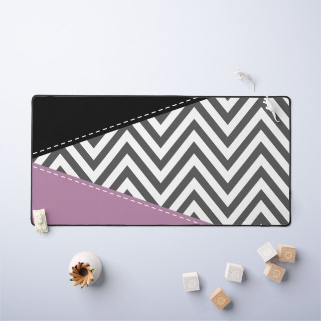Grey Zigzag, Grey Chevron, Zigzag Pattern, Purple Desk Mat (Kids Table)