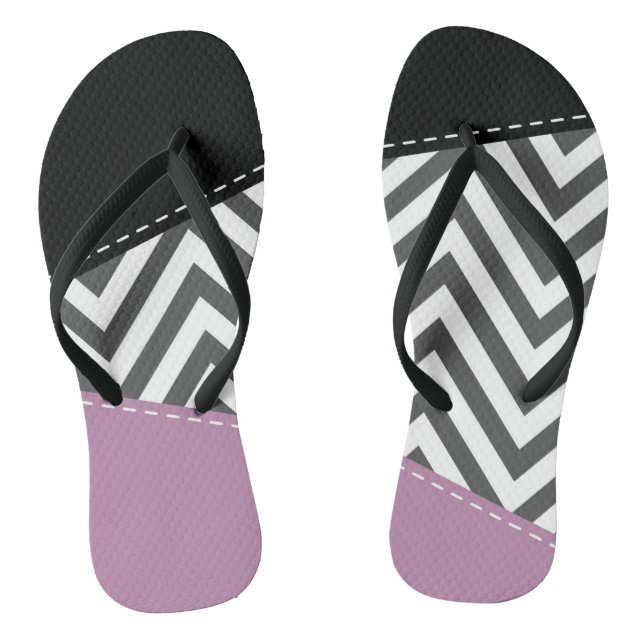 Grey Zigzag, Grey Chevron, Zigzag Pattern, Purple Flip Flops (Footbed)