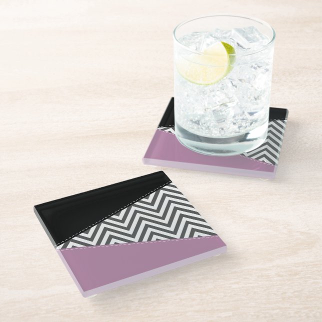 Grey Zigzag, Grey Chevron, Zigzag Pattern, Purple Glass Coaster (Angled)