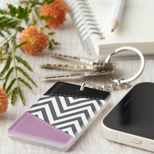 Grey Zigzag, Grey Chevron, Zigzag Pattern, Purple Key Ring (Front Right)