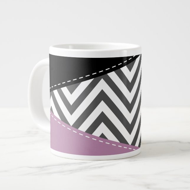 Grey Zigzag, Grey Chevron, Zigzag Pattern, Purple Large Coffee Mug (Front Left)