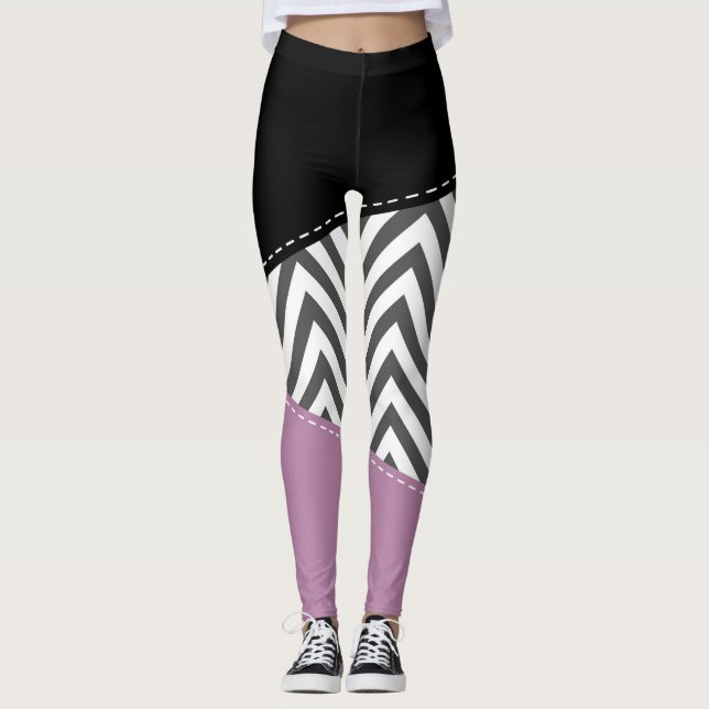 Grey Zigzag, Grey Chevron, Zigzag Pattern, Purple Leggings (Front)