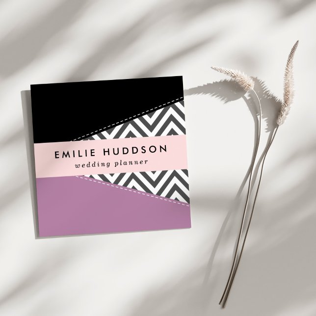 Grey Zigzag, Grey Chevron, Zigzag Pattern, Purple Square Business Card (Creator Uploaded)