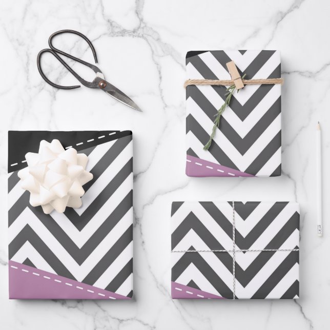 Grey Zigzag, Grey Chevron, Zigzag Pattern, Purple Wrapping Paper Sheet (Front)