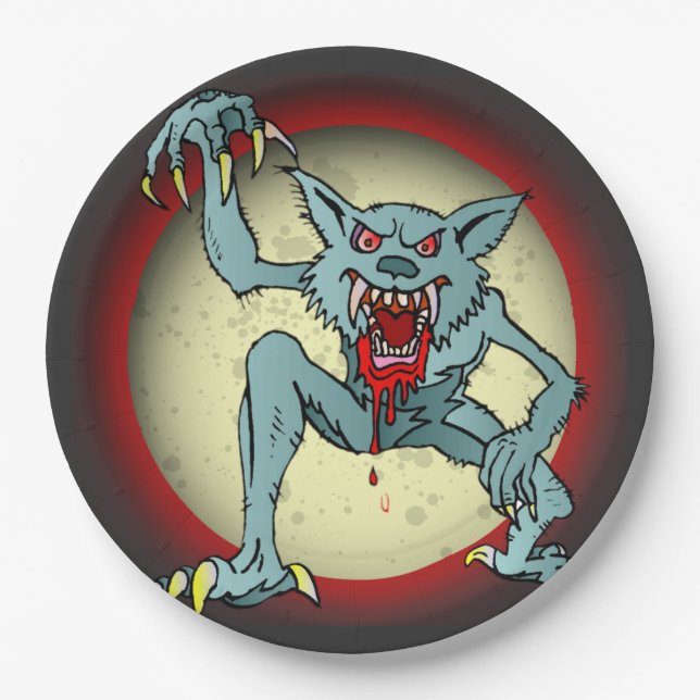 Greyback Werewolf Blood Red Full Moon Halloween Paper Plate (Front)